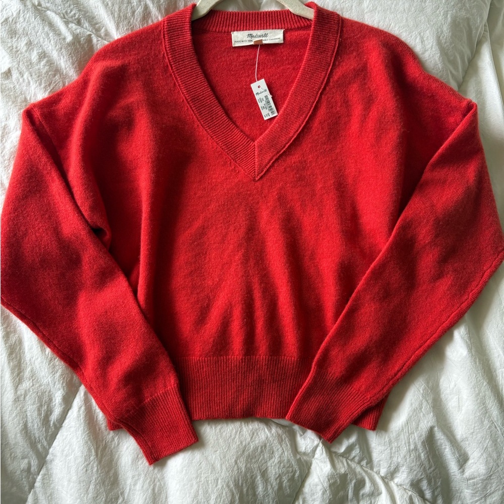 NWT Madewell (Re)sponsible Cashmere V-neck Sweater, Size XXS, Wild Poppy